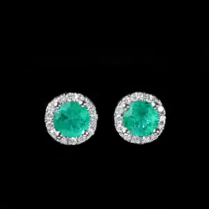 14K White Gold 0.59 CTW Emerald and Diamond Stud Earrings