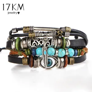 17KM Punk Design Turkish Eye Bracelets For Men New Fashion Wristband Female Owl Leather Bracelet Synthetic Stone Vintage Jewelry