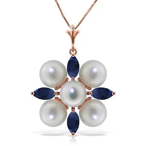 6.3 Carat 14K Solid Rose Gold Snowflake Pearl Sapphire Necklace