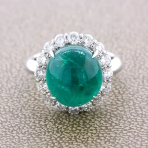 7.78 Carat Gem Cabochon Emerald Diamond Platinum Ring