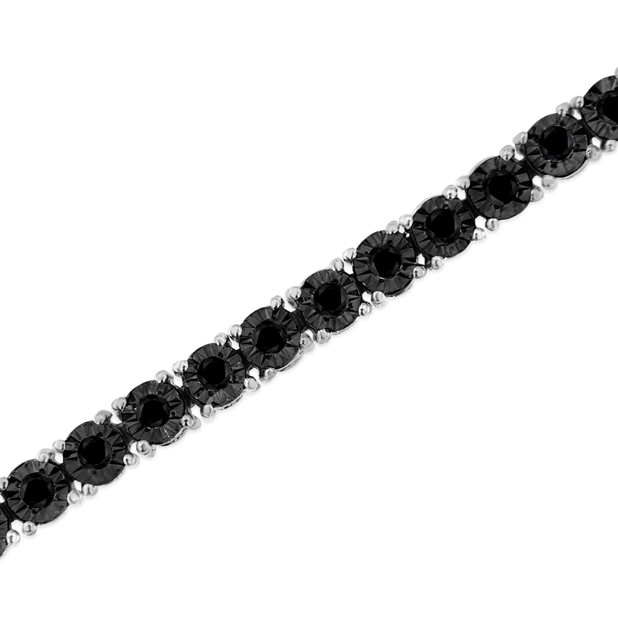 .925 Sterling Silver 1.0 Cttw Miracle-Set Treated Black Diamond Round Miracle Plate Tennis Bracelet (Black Color, I3 Clarity) - 7.25"