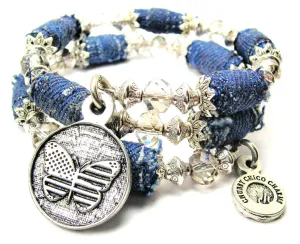 American Flag Butterfly Blue Jean Beaded Wrap Bracelet