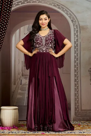 Burgundy Embellished Chinon Silk Gown