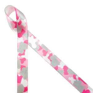 Camouflage Ribbon in pink and gray on 5/8" white single face satin