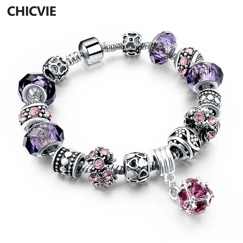 CHICVIE Silver color Crystal Charm Bracelets for Women With Purple Beads bracelets & bangles Love DIY Jewelry Bracelet Femme