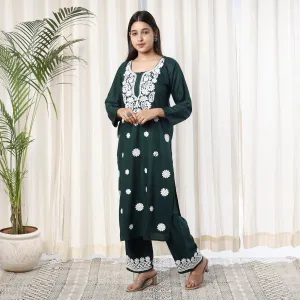 Dark Green Chikankari Embroidery Rayon Cotton Kurta with Pant Set