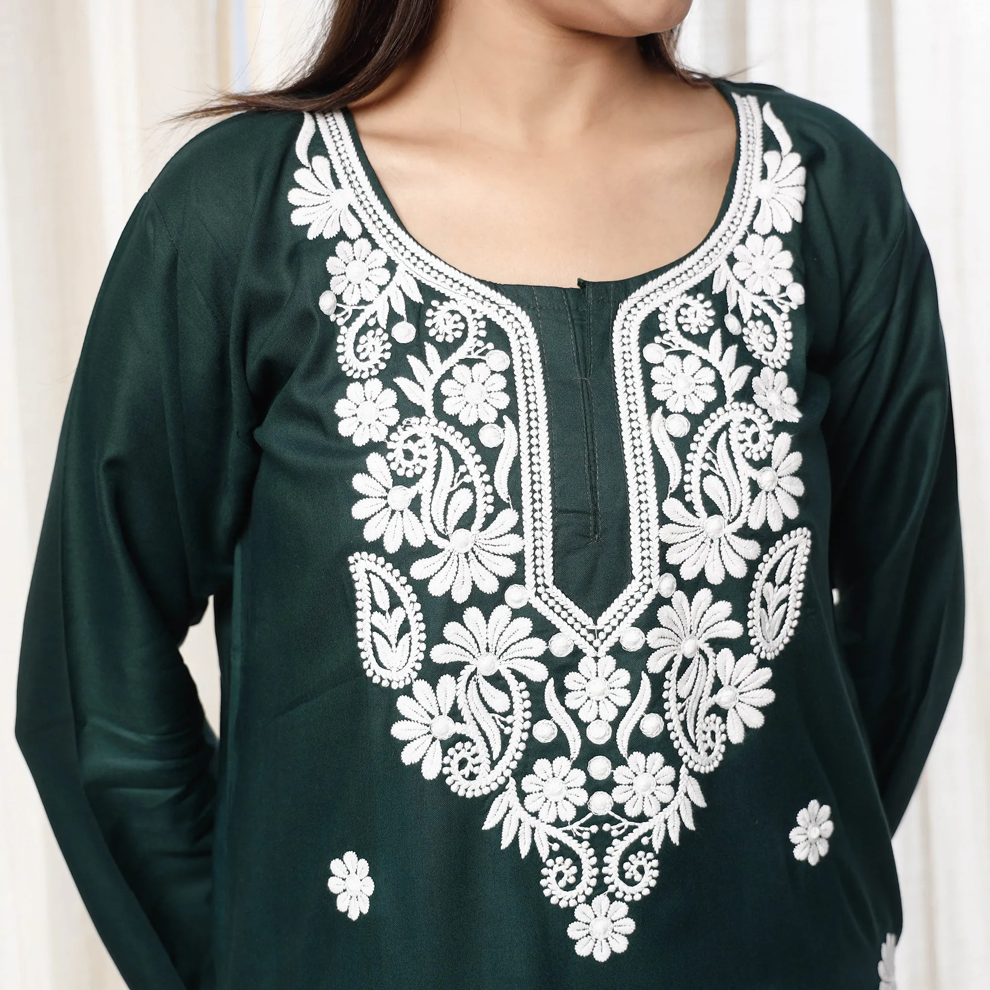 Dark Green Chikankari Embroidery Rayon Cotton Kurta with Pant Set