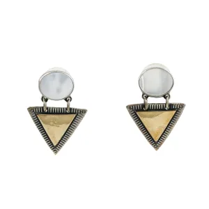 Dual Tone Triangular Brass x Silver Pearl Earrings