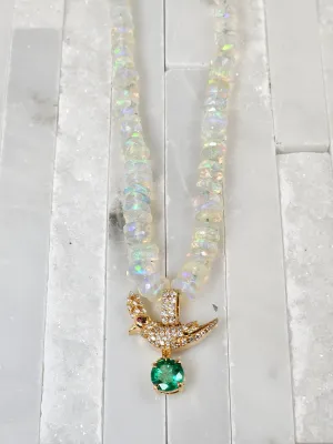 Ethiopian Opal Gemstone Bead Necklace with Crown Parrot Diamond Bird Penant Natural Emerald 20" 18K Yellow Gold