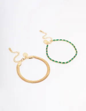 Gold Plated Baguette & Snake Chain Bracelet Pack