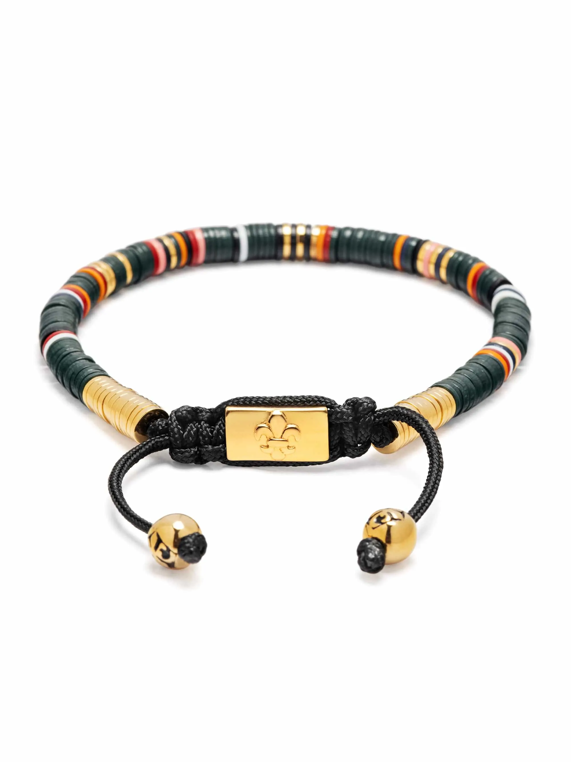 Men's Beaded Bracelet with Dark Green and Gold Disc Beads