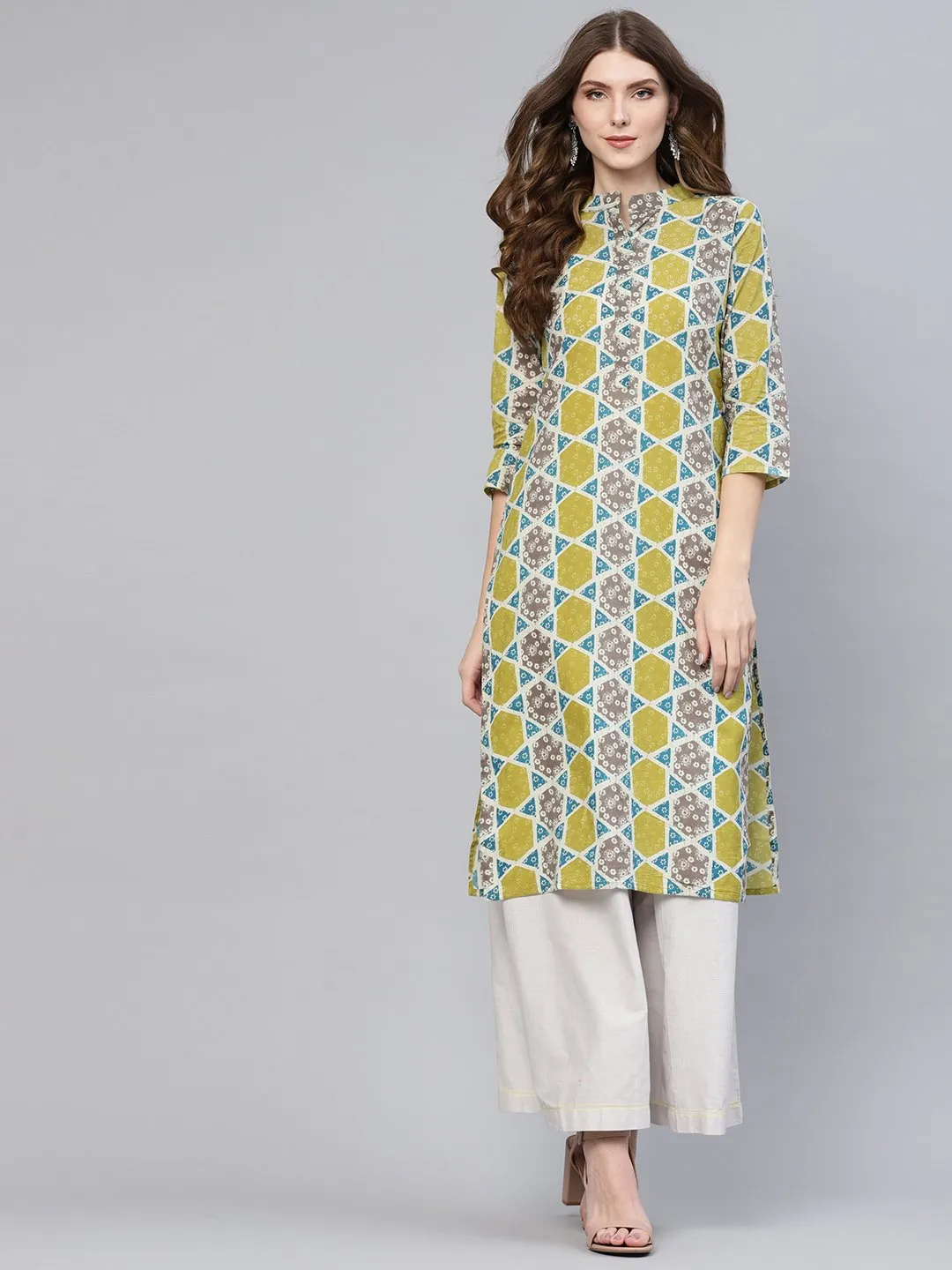 Multi Geometric Printed Chinese Collared 3/4Th Sleeves Straight Kurta