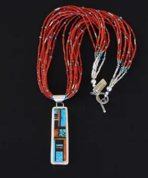 Navajo Turquoise, Spiny Oyster Shell and Sterling Silver Reversible Inlay Pendant with 10 Strands of Antique Glass Pote Beads, Turquoise, Coral, Crystal & Sterling