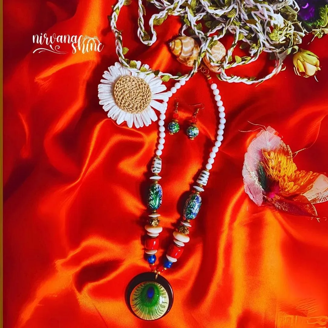 Peacock Paradise Beaded Necklace with Earrings