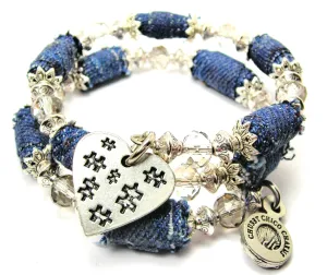 Puzzle Pieces All Over Your Heart Blue Jean Beaded Wrap Bracelet