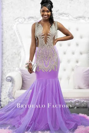 Rhinestones Plunging Neck Lilac Tulle Pink Feathers Prom Dress