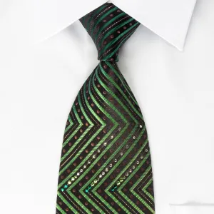 Silk Rhinestone Necktie Green Chevron Zigzags On Black With Silver Sparkles