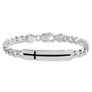 Sterling Silver Rhodium-plated Enameled Cross on Bar Men's  Bracelet