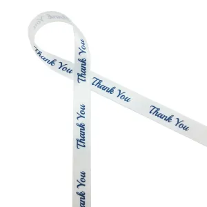 Thank You Ribbon Navy Blue Ink on 5/8" wide White Satin Ribbon